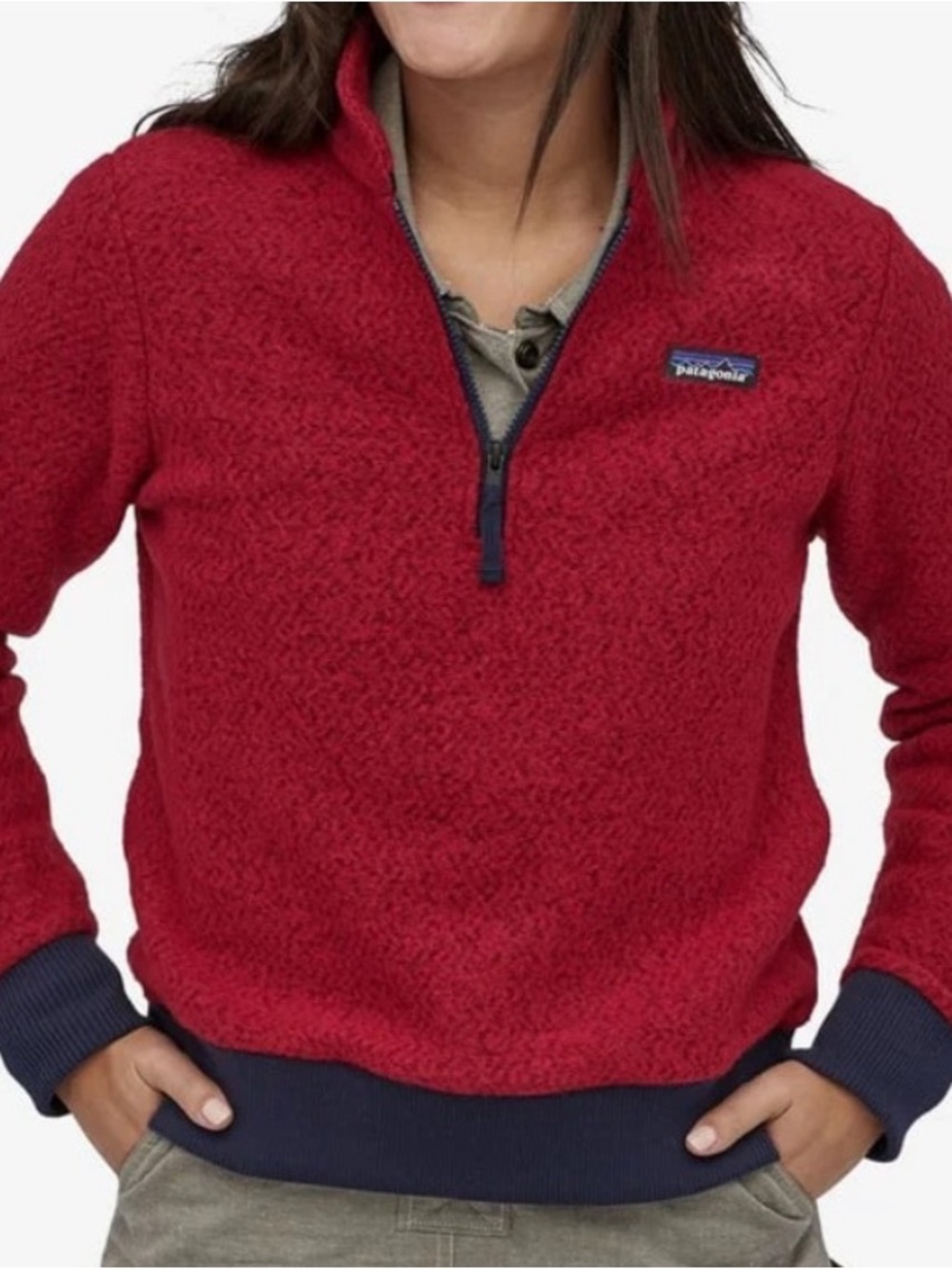 Patagonia Red Sherpa Quarter-Zip with Navy Trim